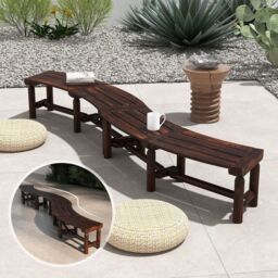 Costway Garden Curved Bench Patio Carbonized Wood Dining Bench Loveseat in Brown - thumbnail 7