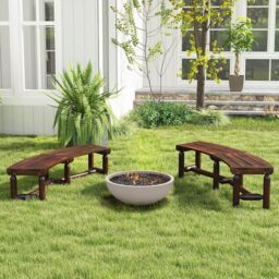 Costway Garden Curved Bench Patio Carbonized Wood Dining Bench Loveseat in Brown - thumbnail 4