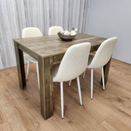 KOSY KOALA Rustic Effect Wood Dining Table Set with 4 Cream Gem Pattern Chairs Dining Room Furniture in Brown - thumbnail 3