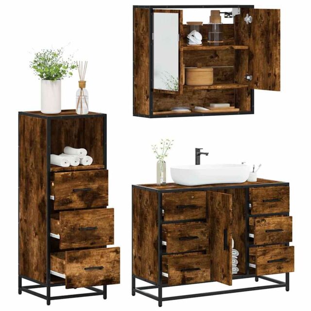 Berkfield Home 3 Piece Bathroom Furniture Set Smoked Oak Engineered Wood in Brown - image 1