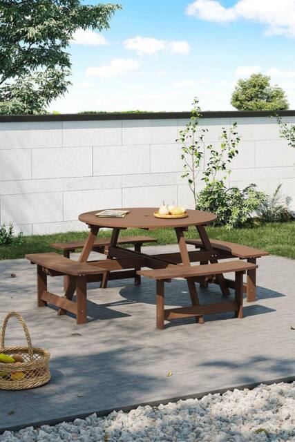 Garden Sanctuary 8-Seat Outdoor Round Wood Picnic Table & Bench Set in Brown - image 1