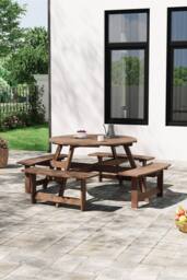 Garden Sanctuary 8-Seat Outdoor Round Wood Picnic Table & Bench Set in Brown - thumbnail 2