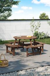 Garden Sanctuary 8-Seat Outdoor Round Wood Picnic Table & Bench Set in Brown - thumbnail 1