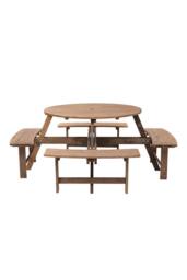Garden Sanctuary 8-Seat Outdoor Round Wood Picnic Table & Bench Set in Brown - thumbnail 3