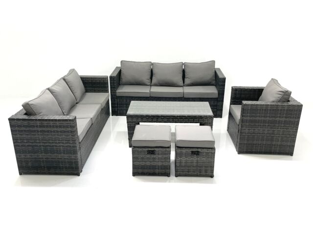 Fimous Rattan Garden Furniture Set Outdoor 9 Seater Patio Conversation Sets with Glass Top Coffee Table Stool in Dark Grey - image 1