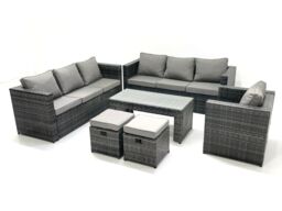Fimous Rattan Garden Furniture Set Outdoor 9 Seater Patio Conversation Sets with Glass Top Coffee Table Stool in Dark Grey - thumbnail 2