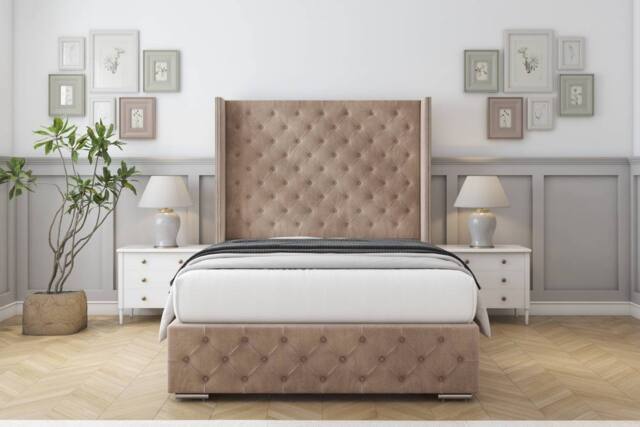 "Sloomy Arundel Naples Bed Frame With 50"" Upholstered Wingback Headboard in Light Brown - Size: Super King" - image 1