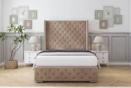 "Sloomy Arundel Naples Bed Frame With 50"" Upholstered Wingback Headboard in Light Brown - Size: Super King" - thumbnail 1