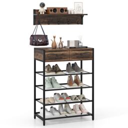 Costway Freestanding Wine Rack Floor Wine Bar Cabinet w/ Glass Racks in Brown