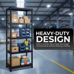 Nordara 5 Tier Plastic Storage Shelf Unit For Warehouse Shed Use in Black - Size: 100 cm x 15 cm - thumbnail 3
