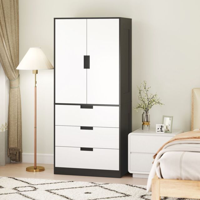 HOMCOM 2 Door Wardrobe Grey Wardrobe with 3 Drawer & Hanging Rod for Bedroom in White - image 1