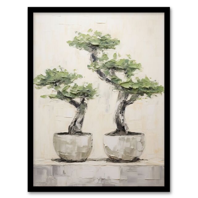 "Artery8 Japanese Bonsai Trees Pots Oil Palette Knife Tree Framed Art Print in Grey - Size: W12"" x H16""" - image 1
