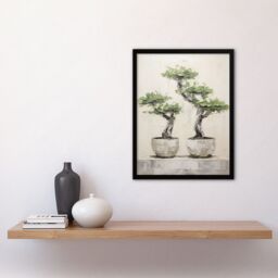 "Artery8 Japanese Bonsai Trees Pots Oil Palette Knife Tree Framed Art Print in Grey - Size: W12"" x H16""" - thumbnail 2