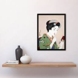 Artery8 Woman Applying Rouge Lipstick Vintage Framed Wall Art Print Hashiguchi in Green - Size: A4 - thumbnail 4