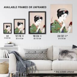 Artery8 Woman Applying Rouge Lipstick Vintage Framed Wall Art Print Hashiguchi in Green - Size: A4 - thumbnail 3