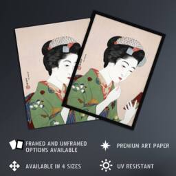 Artery8 Woman Applying Rouge Lipstick Vintage Framed Wall Art Print Hashiguchi in Green - Size: A4 - thumbnail 2