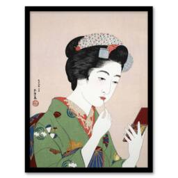 Artery8 Woman Applying Rouge Lipstick Vintage Framed Wall Art Print Hashiguchi in Green - Size: A4 - thumbnail 1
