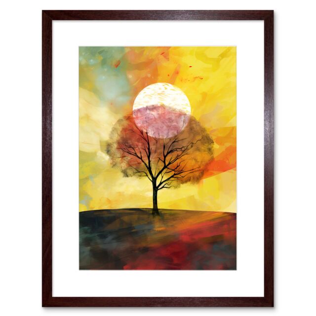 "Artery8 Wall Art Print Large Sun Setting Behind a Lonely Tree on a Hill Artwork Framed 9X7 Inch in Brown - Size: W7"" x H9""" - image 1