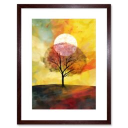 "Artery8 Wall Art Print Large Sun Setting Behind a Lonely Tree on a Hill Artwork Framed 9X7 Inch in Brown - Size: W7"" x H9""" - thumbnail 1