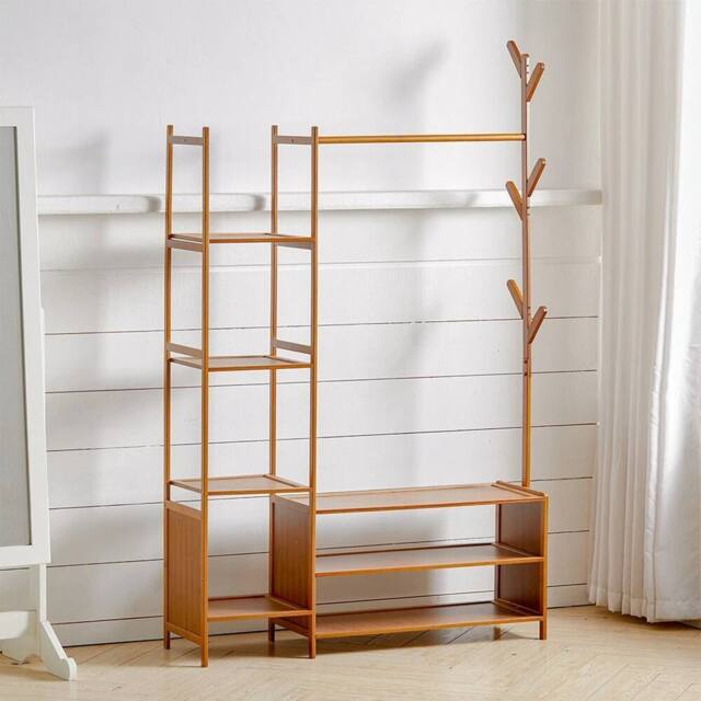 EONLION With Storage Shelf Design Bamboo Clothes Rail Garment Rack in Brown - Size: 500mm - image 1