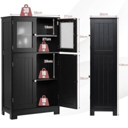 Costway Bathroom Floor Cabinet Freestanding Storage Cupboard W/ 2 Tempered Glass Doors in Black - thumbnail 2
