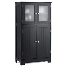 Costway Bathroom Floor Cabinet Freestanding Storage Cupboard W/ 2 Tempered Glass Doors in Black - thumbnail 6