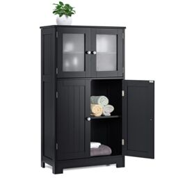 Costway Bathroom Floor Cabinet Freestanding Storage Cupboard W/ 2 Tempered Glass Doors in Black - thumbnail 1