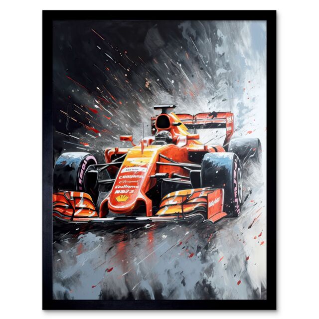 "Artery8 Wall Art Print Race Car & Driver Grand Prix Orange & Grey Art Framed in Red - Size: W12"" x H16""" - image 1