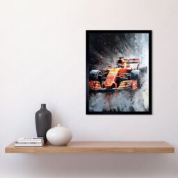 "Artery8 Wall Art Print Race Car & Driver Grand Prix Orange & Grey Art Framed in Red - Size: W12"" x H16""" - thumbnail 2