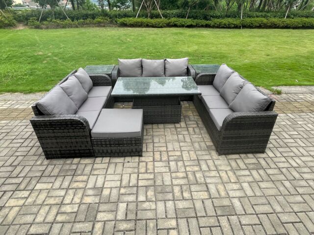 Fimous Patio Garden Dining Set Outdoor Rattan Furniture Sofa Height Adjustable Rising Table With 2 Side Tables in Dark Grey - image 1