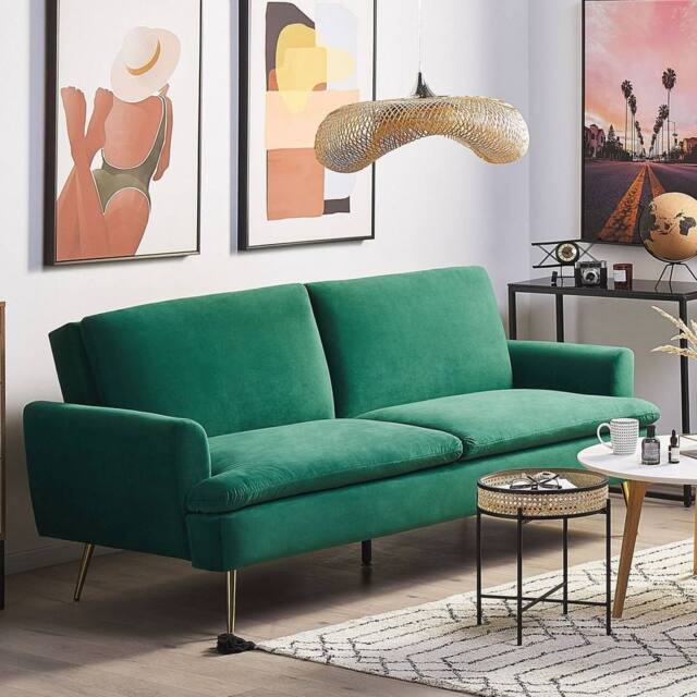 Wyld and Coco Velvet Sofa Bed Dark Green 3 Seater Click Clack Mechanism - image 1