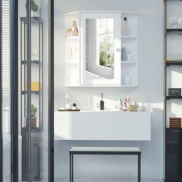 HOMCOM Wall Mount Mirror Cabinet Storage Bathroom Cupboard Single Door in White - thumbnail 1