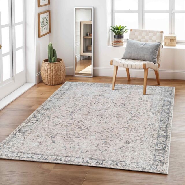 Livabliss Amelie-Washable Grey Pink Traditionnal Vintage Boho Living Dining Rug - Size: 160 cm x 220 cm - image 1