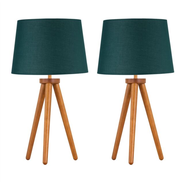First Choice Lighting Set of 2 Dark Oak Table Lamp or Bedside Lights with Dark Green Shades in Brown - image 1