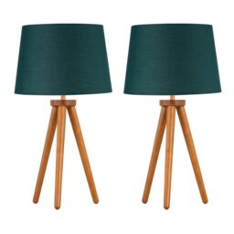 First Choice Lighting Set of 2 Dark Oak Table Lamp or Bedside Lights with Dark Green Shades in Brown - thumbnail 1