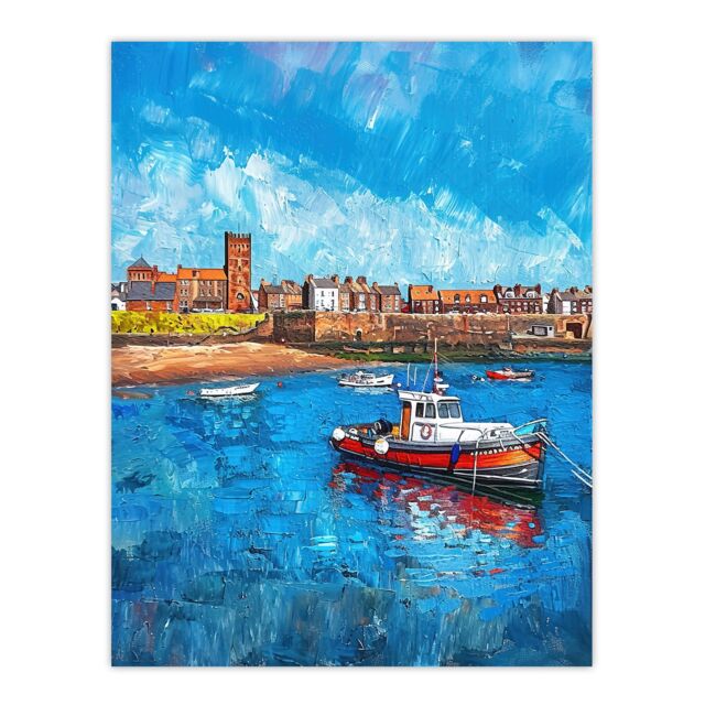 "Artery8 North England Coastal Town Fishing Boats Painting Wall Art Print in Blue - Size: W24"" x H32""" - image 1