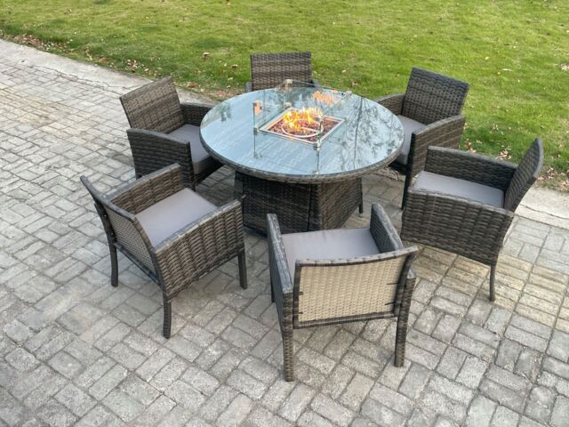 Fimous Outdoor Rattan Garden Furniture Set Gas Fire Pit Round Table Sets Gas Heater with 6 Seater Dining Chairs Dark Grey Mixed - image 1