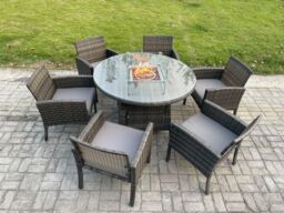 Fimous Outdoor Rattan Garden Furniture Set Gas Fire Pit Round Table Sets Gas Heater with 6 Seater Dining Chairs Dark Grey Mixed - thumbnail 2