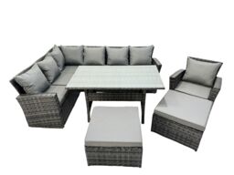 Fimous 9 Seat Rattan High Back Corner Sofa Set with 2 Big Stools Chair in Dark Grey - thumbnail 1