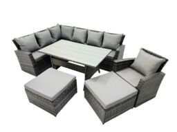 Fimous 9 Seat Rattan High Back Corner Sofa Set with 2 Big Stools Chair in Dark Grey - thumbnail 2
