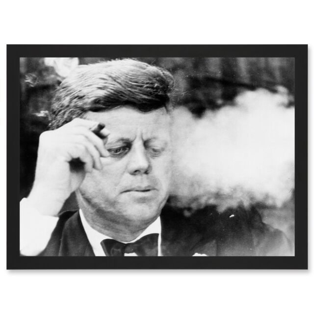 Artery8 Vintage Photo President John F Kennedy JFK Smoking Cigar Artwork Framed Wall Art Print A4 in Black - image 1