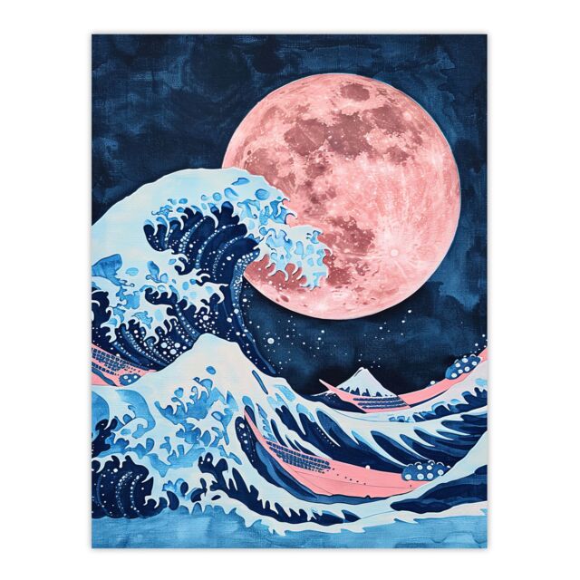 "Artery8 Large Pink Full Moon Great Wave Surreal Painting Wall Art Print in Blue - Size: W24"" x H32""" - image 1
