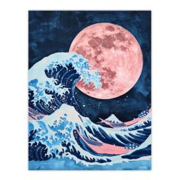 "Artery8 Large Pink Full Moon Great Wave Surreal Painting Wall Art Print in Blue - Size: W24"" x H32""" - thumbnail 1