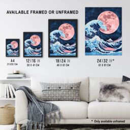 "Artery8 Large Pink Full Moon Great Wave Surreal Painting Wall Art Print in Blue - Size: W24"" x H32""" - thumbnail 3