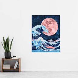 "Artery8 Large Pink Full Moon Great Wave Surreal Painting Wall Art Print in Blue - Size: W24"" x H32""" - thumbnail 4