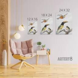 "Artery8 Kingfisher Toucan Bird & a Sparrow Schouman Canvas Wall Art Print in White - Size: W12"" x H16""" - thumbnail 4