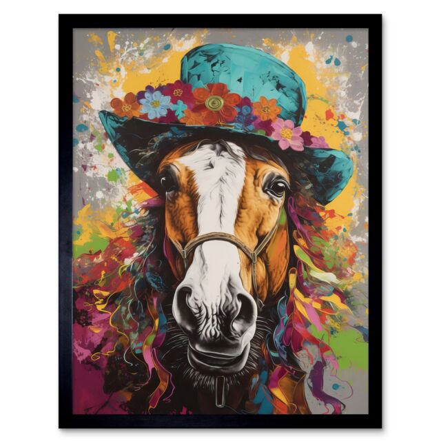 "Artery8 Wall Art Print Horse Wearing a Flower Summer Hat Multicoloured Art Framed - Size: W12"" x H16""" - image 1