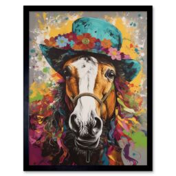 "Artery8 Wall Art Print Horse Wearing a Flower Summer Hat Multicoloured Art Framed - Size: W12"" x H16""" - thumbnail 1