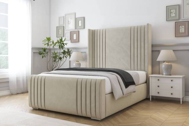 "Comfort Beds Elise Plush Bed Frame - 50"" Upholstered Wingback Headboard in Cream - Size: Super King" - image 1