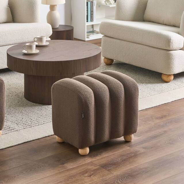 Wyld and Coco Brown Boucle Pouffe Ottoman With Wooden Legs - image 1